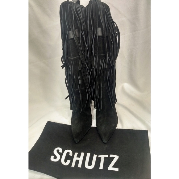 Schutz Fringe Suede Boots with Gold Chain Fringe - Picture 3 of 4